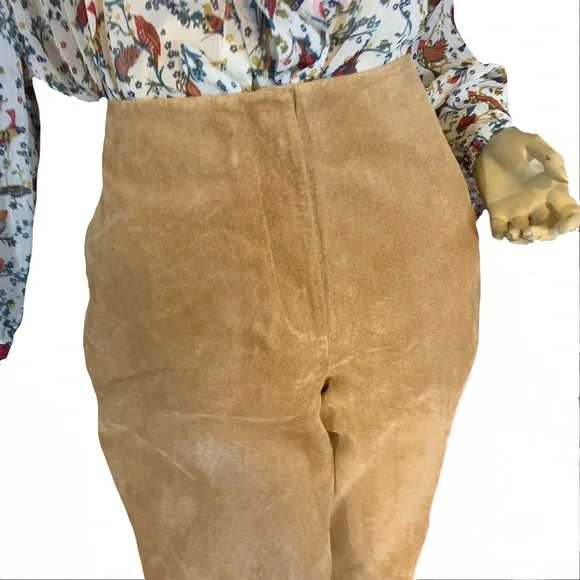 MARGARET GODFREY TAN SUEDE WHIP STITCH W/FLORAL DESIGN FLARE LEG PANTS (10) - Picture 9 of 14
